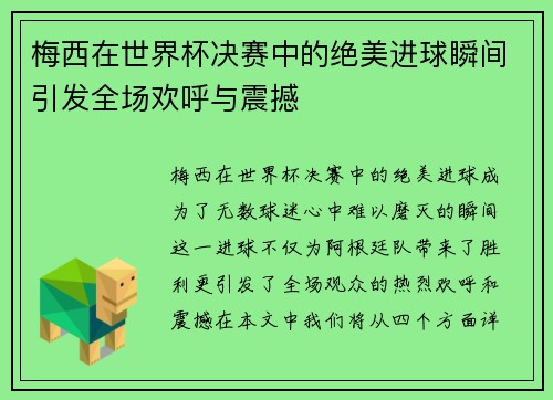 梅西在世界杯决赛中的绝美进球瞬间引发全场欢呼与震撼