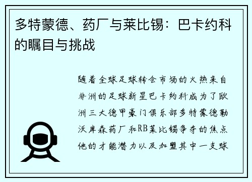 多特蒙德、药厂与莱比锡：巴卡约科的瞩目与挑战